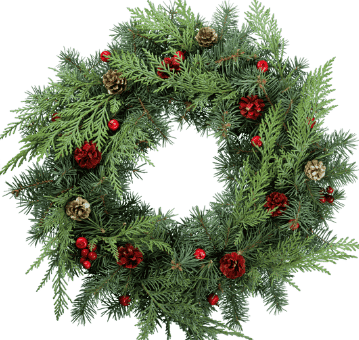 Classic Christmas wreath with greenery and red accents hanging on an Airbnb door, adding a festive and welcoming touch to the holiday decorations.